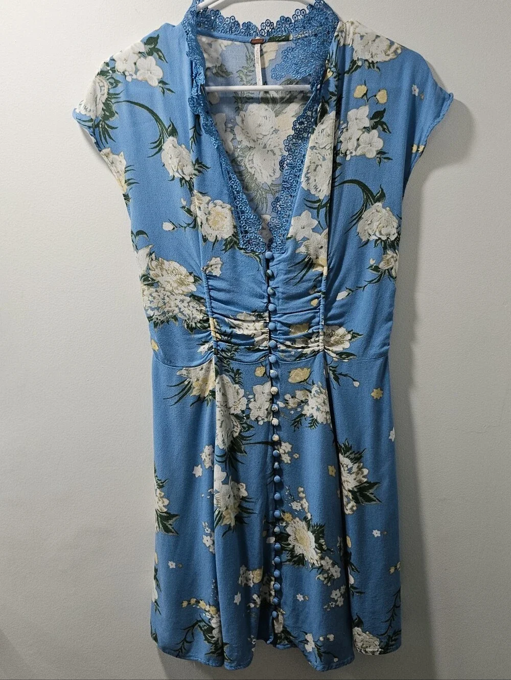 Free People Floral Lace-Trim Ruched Button-Front Mini Dress Sky Blue Size 2